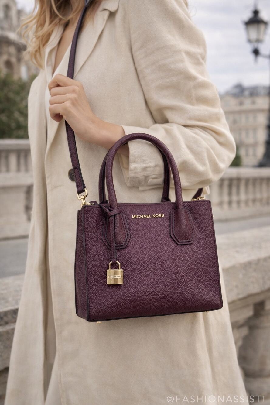 Michael Kors Mercer Medium Satchel Plum Pebbled Leather Crossbody Bag Gold Lock